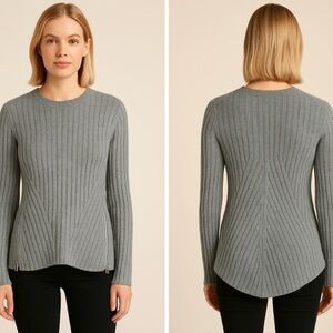 Autumn Cashmere Gray Ribbed Sweater Side Zip Crewneck Flared Hem Soft Knit Top
